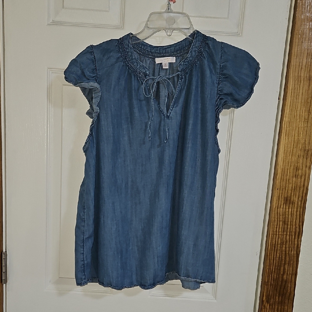 LC Lauren Conrad Blue Smocked Cap Sleeve Blouse